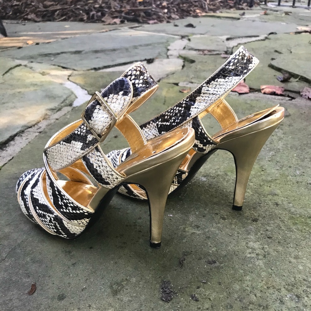 BCBGirls GOLD SNAKE STRAPPY HEELS 7.5M